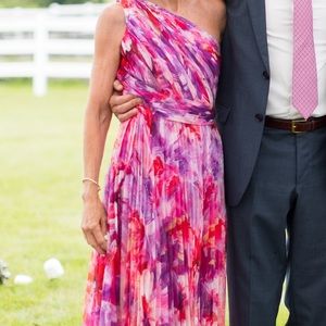 Marchesa Notte One-shoulder pleated floral-print chiffon gown